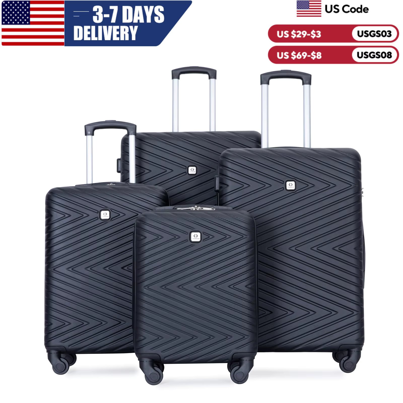 Travelhouse Luggage set 4-Piece ABS Suitcase With Spinner Wheels,24 Inch and 28 Inch with TSA Lock,16,20 inche Carry on Luggage