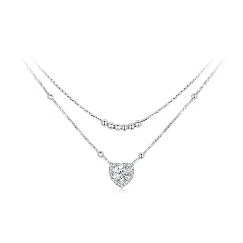 Bamoer 925 Sterling Silver Halo Heart Moissanite Pendant Necklace Double-layer Necklace for Women Valentine's Day Gift