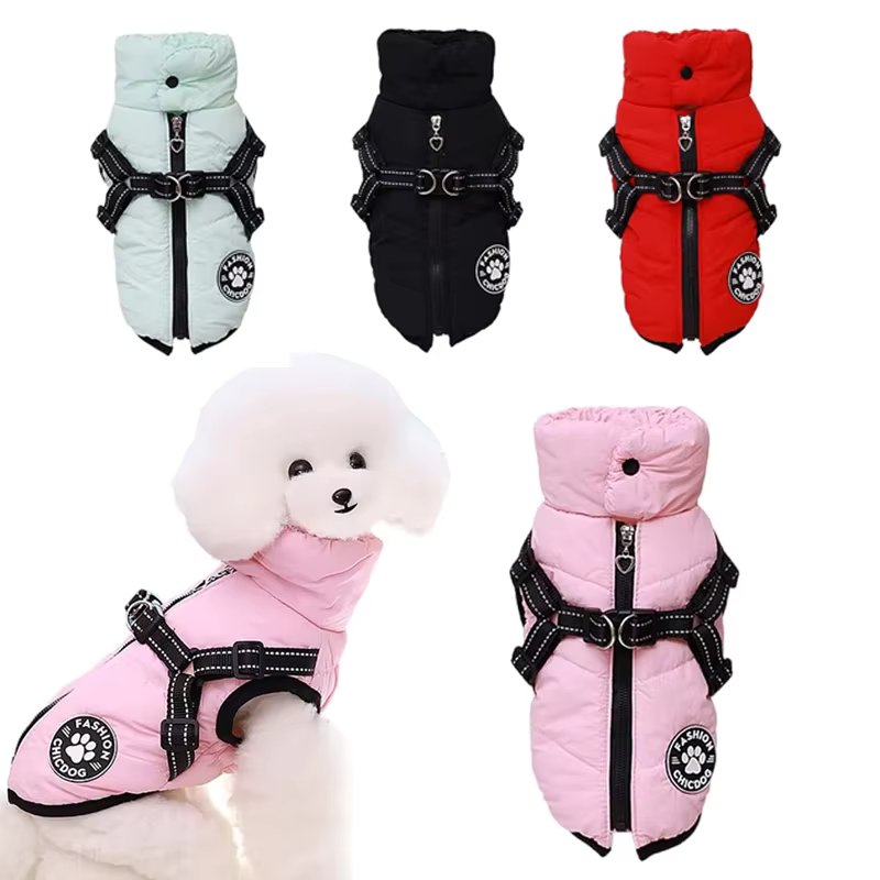 Winter Pet Jacket with Harness Attached Puppy Coat Waterproof  Small Dog Cat Clothes Chihuahua Collar Pug Poodle Costumes Outfit