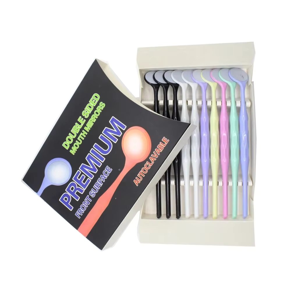 10pcs/Box Dental Double Sided Mouth Mirrors With Handle Random Colors Autoclavable Surface Exam Reflectors Oral Tooth Whitening