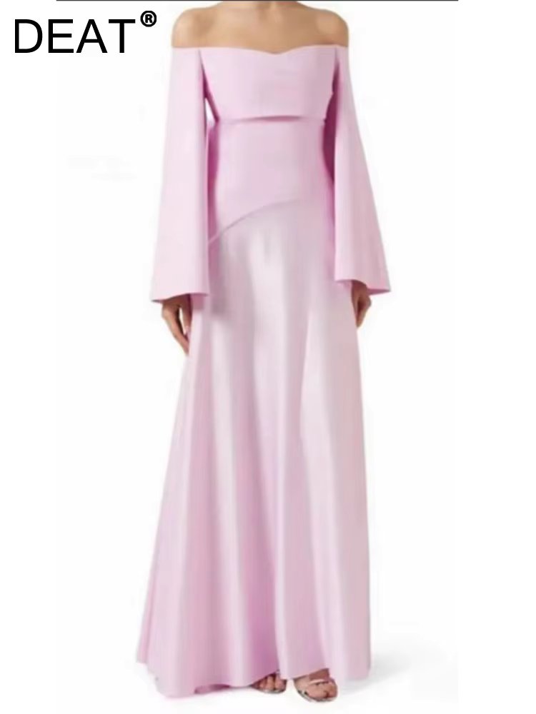 DEAT Elegant Dress Slash Neck Flare Sleeve Slim Waist Pleated Women's Customized Evening Party Dresses 2024 Summer New 35Z763