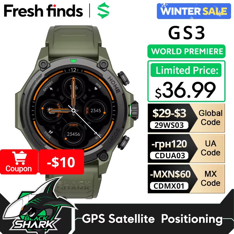 [World Premiere]Blackshark GS3 Smart Watch Global Version 1.43"AMOLED Display 5ATM 21 Day Battery Life GPS Satellite Positioning