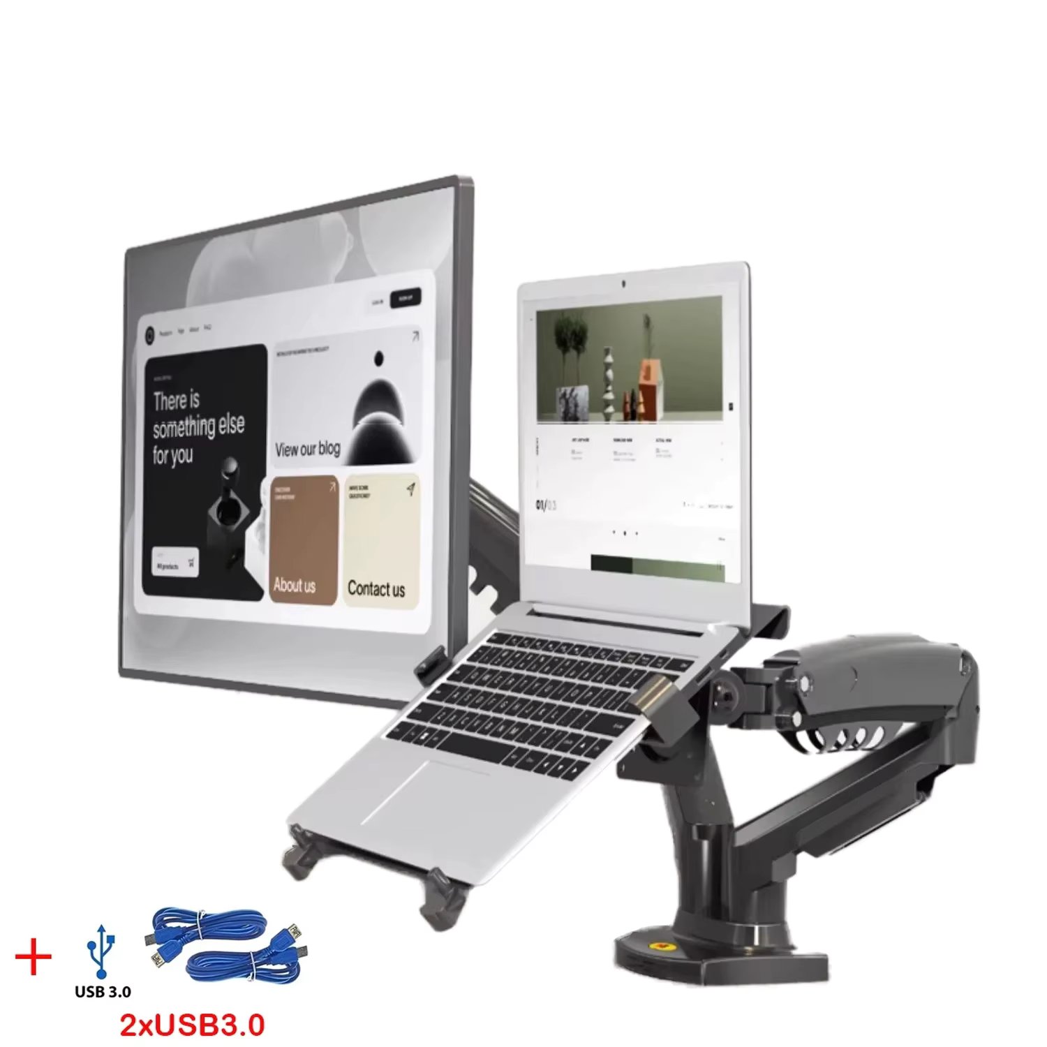 Dual Monitor Laptop Holder w/ USB3.0 NB F160-FP Gas Spring Dual Arm for 17"-27" Monitor + 10"-17" Laptop Support Mount Stand