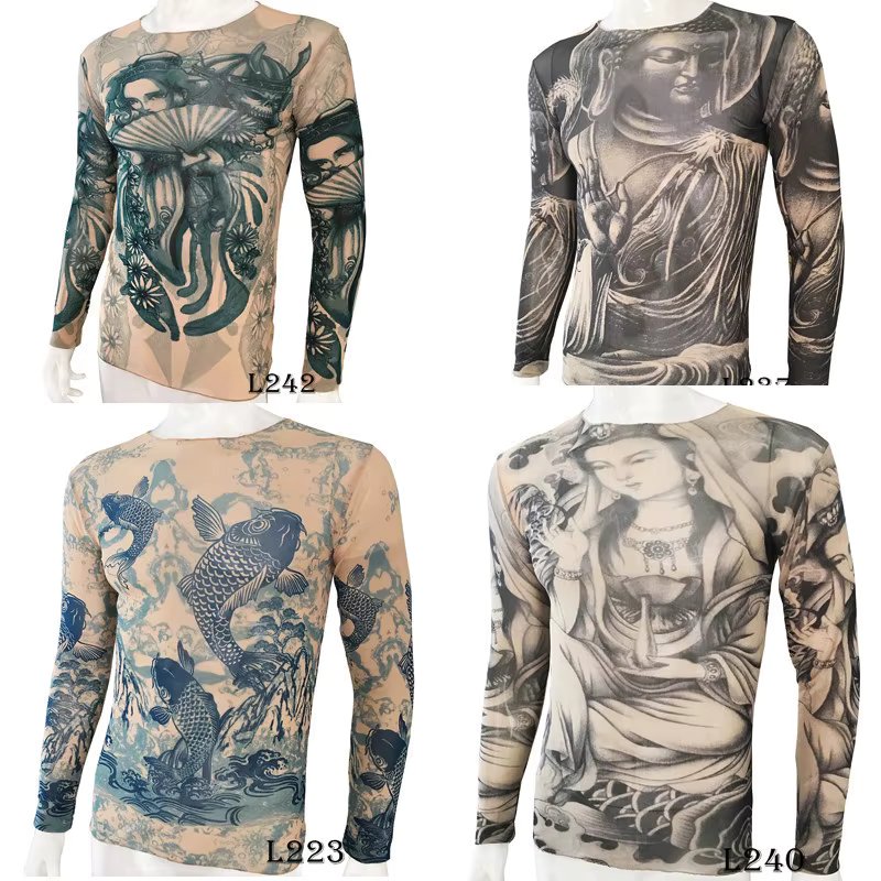 Funny Long Sleeve Fake Tattoo T Shirts All Over Print Men Women Arts Shirt Elastic Slim Fit Modal Thin Halloween Men's Clothing