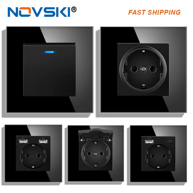 novski Russia Spain power plug, 16a grounded power socket, with USB output, 82mm * 82mm glass panel