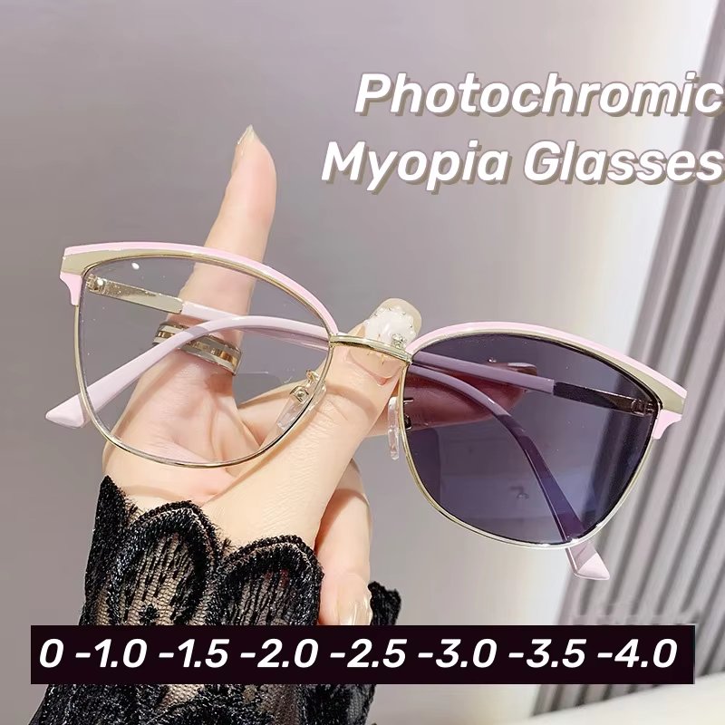 Personalized Cat Eye Photochromic Myopia Glasses Large Frame Color Changing Glasses Retro Anti Blue Light Near Sight Glasses