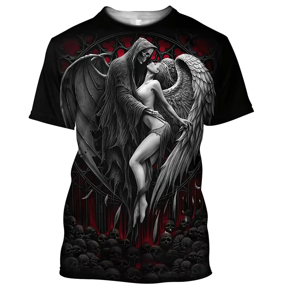 Reaper Skull Angel And Demon 3D Printed All Over Men's T-shirts Summer Fashion Harajuku Short Sleeve Shirts Unisex Tops Tee