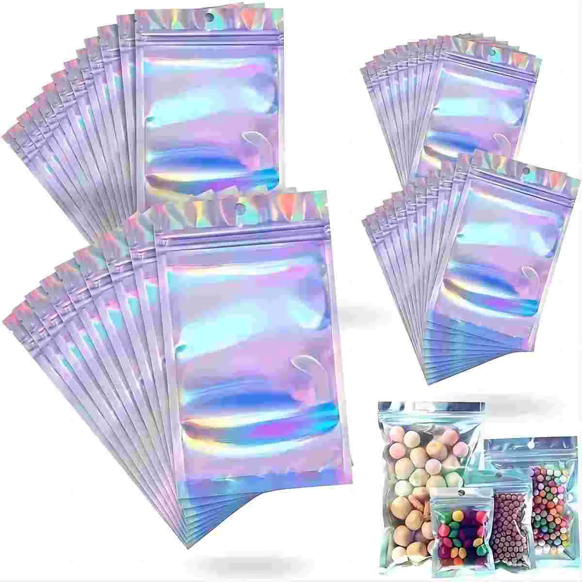 100-piece holographic bag, multi-size laser rainbow pattern self-sealing bag, suitable for candy bag and front window samples
