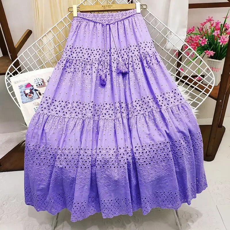 2025 Women's Fashion Solid Long Skirts Faldas Casual Lace Skirt Woman Clothes Harajuku Saia Jupe Femme Loose Maxi Ladies Bottom