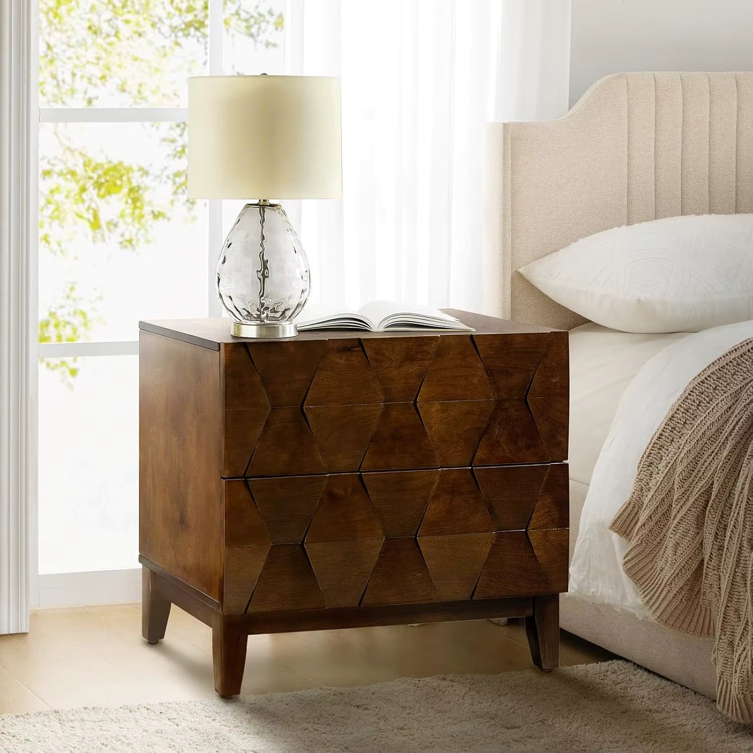 Hulala Home Wood Nightstand With Charging Station, 2-Drawer Dresser With Wooden Legs, Mid-Century Modern Bedside Furniture,