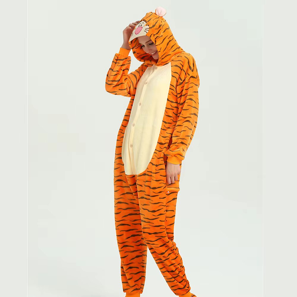 Halloween Tiger Onesies Costume Cartoon Unisex-adult Men Couple Animals Tiger Pajamas Hooded Sleepwear Women Cosplay Jumpsuit