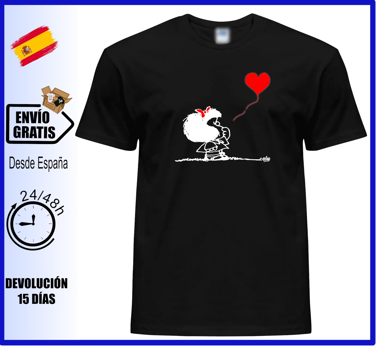 T-shirt Mafalda heart man woman child personalized cotton quality Casual style sizes Casual short sleeve model