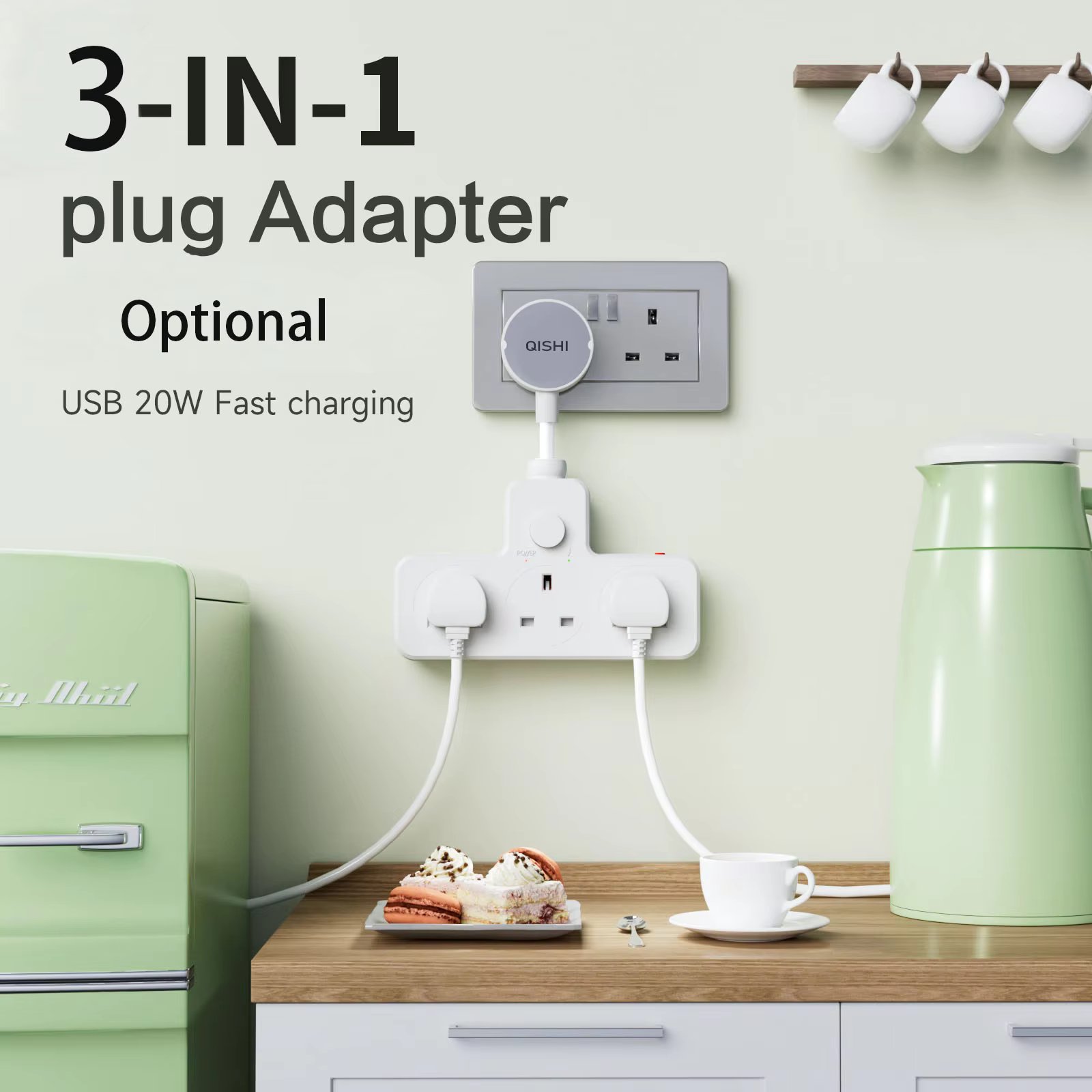 1pc UK white wall mounted power socket 2AC with USB surge protection, safety door design, power board suitable for home offices