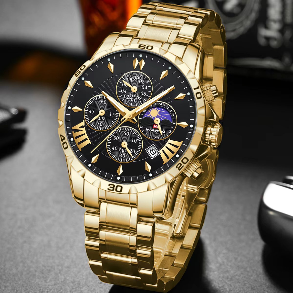 Sports Watch For Men US Fast Delivery Multifunctional Rhinestone Moonlight Stainless Steel Business Leisure Quartz 1 Set Watches
