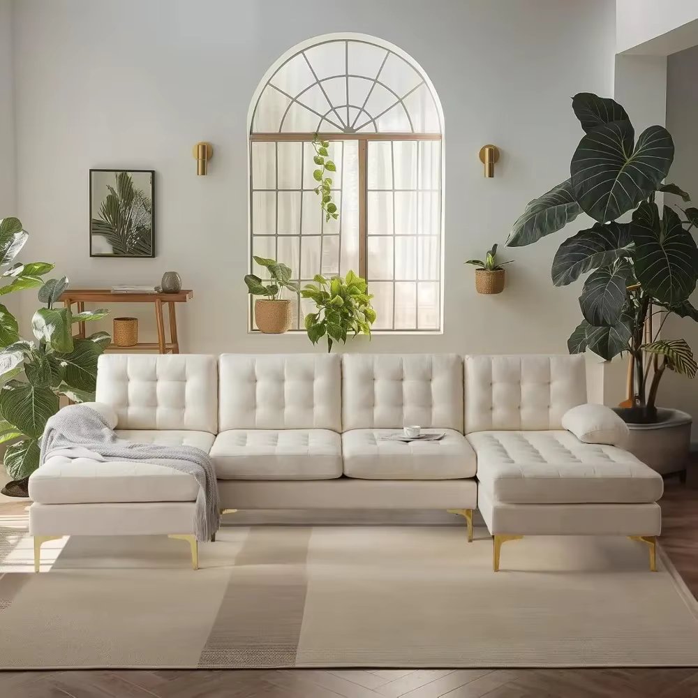 Modern U Shaped Sectional Sofa Couch with 51" D Double Chaise for Living Room, Large Tufted Button Couch Sets with 5.9"