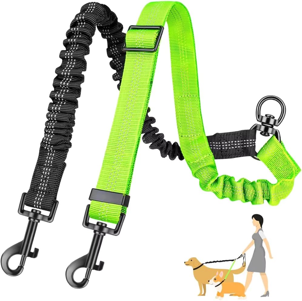 Double Dog Leash, No Tangle 360° Swivel Rotation Reflective Lead Attachment Bungee Extension Length Dual Two Dog Lead Splitter,