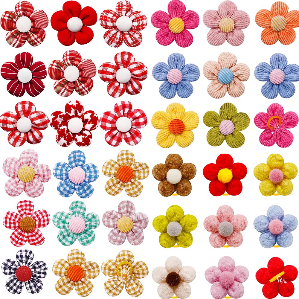 10/20pcs Flower Dog Hair Bows Handmade Dog Bow Plaid Mix Colors Cat Hair Bowknot Rubber Bands for Small Dogs Grooming Supplies
