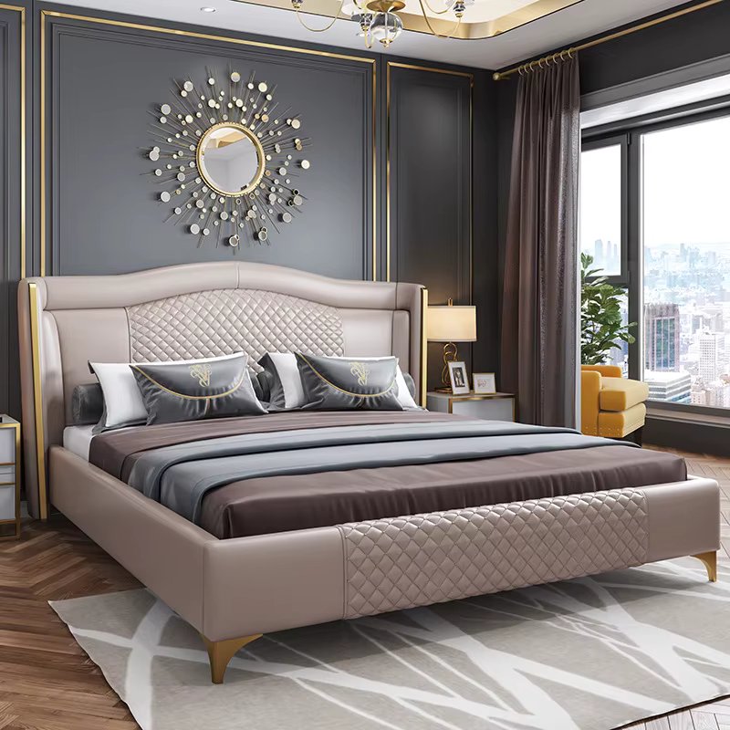 MANBAS Genuine Leather Bed Nordic Double Size Rectangle Bed Frame Nordic King/Queen Size Wedding Lits Designer Upholstered Cama