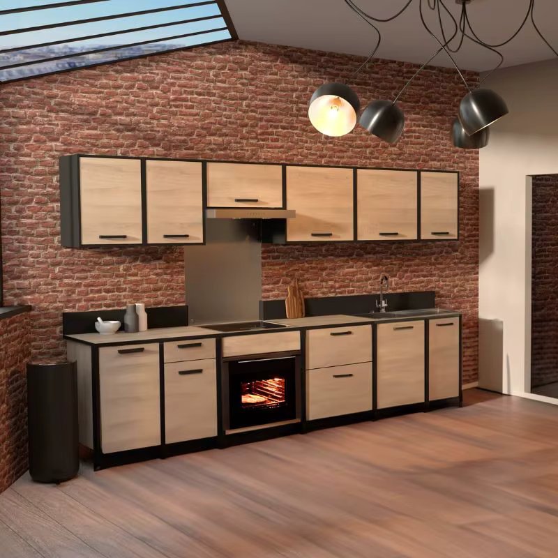 Industrial Modular kitchen 12 modules Kronberg oak and matte black 324 cm