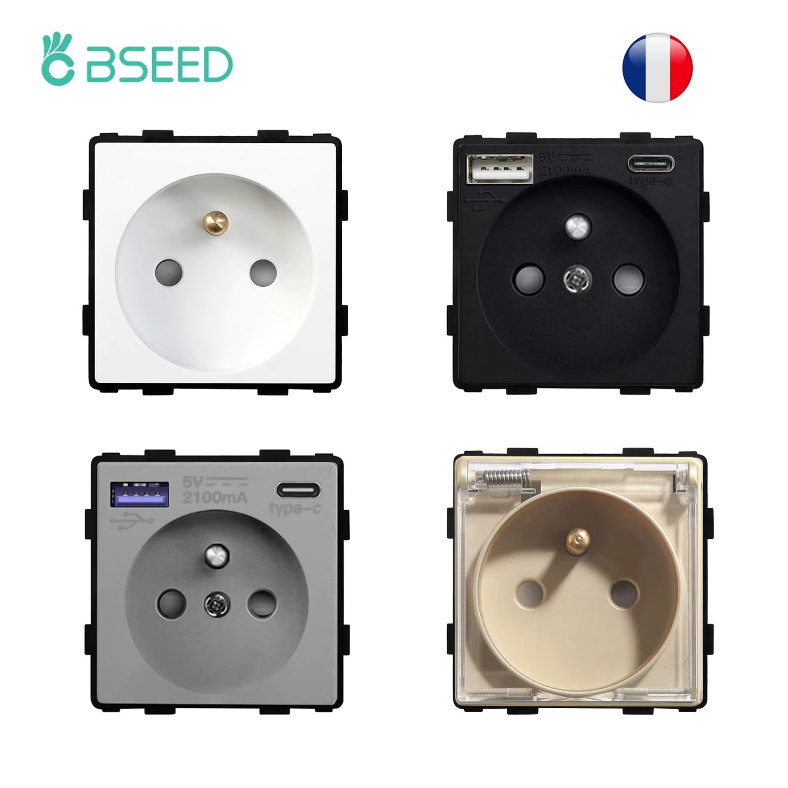 BSEED French Wall Socket Plug Without Frame Function Parts USB Socket Type-c AC Ports Fast Charging DIY Parts Free Combination