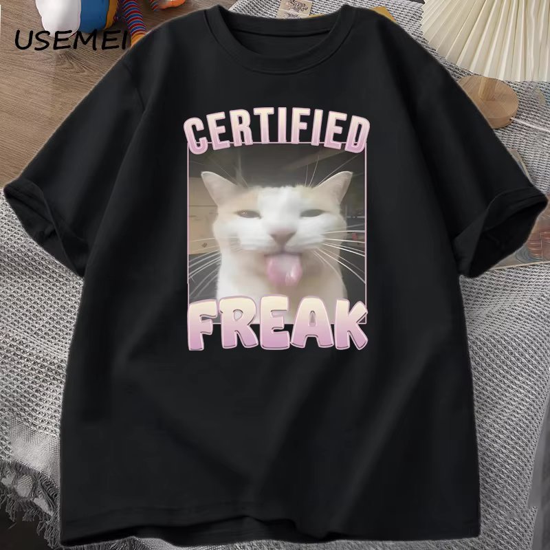 Certified Freak Funny Cat Meme T-shirt Man Short Sleeve T-shirt Male Tshirt Men Clothes Y2k Graphic T Shirts Oversized Tee