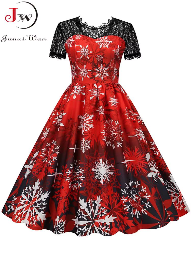 Christmas Costume Party Dress Women Short Sleeve Lace Vintage Winter Dress Robe Elegant Xmas Evening Clothing