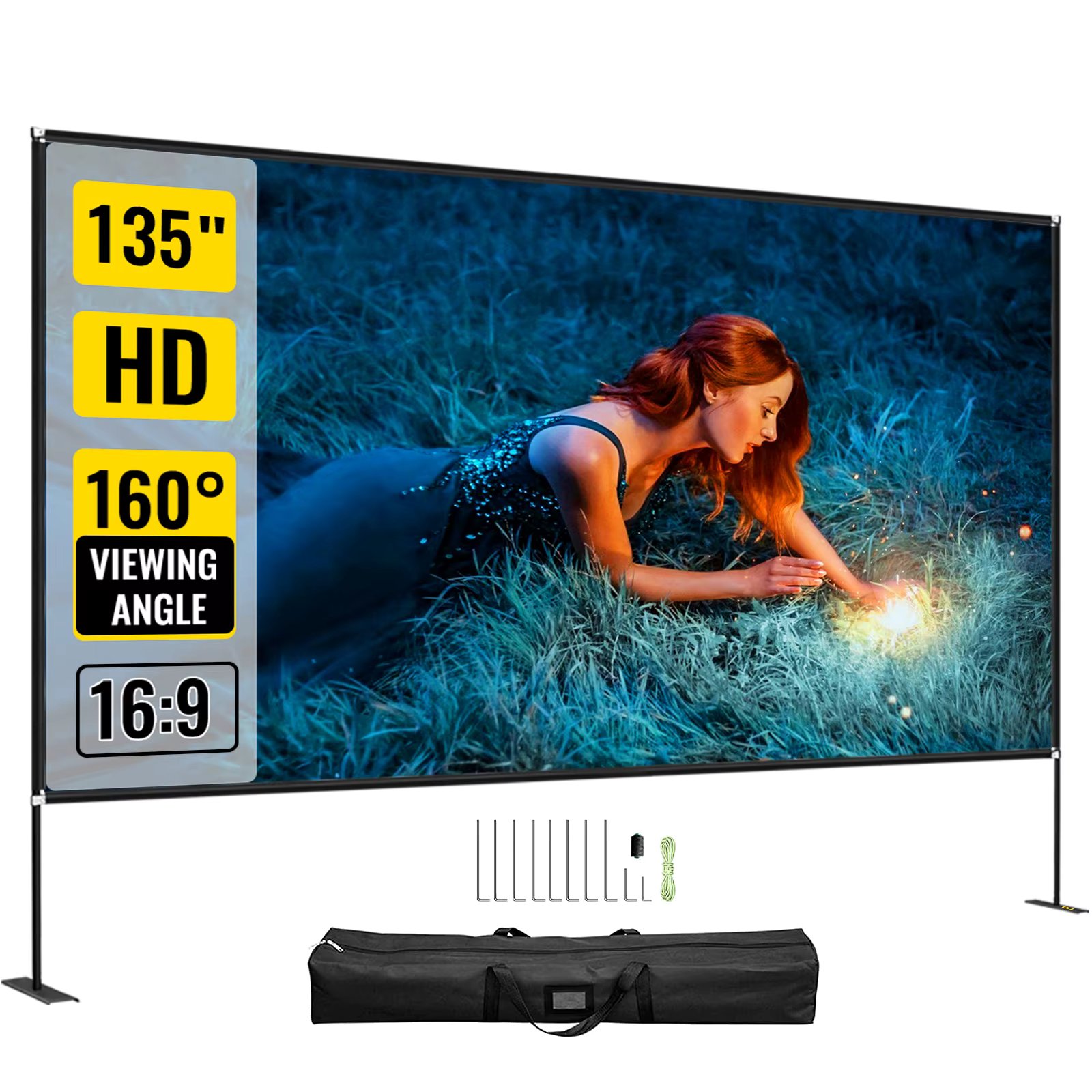 VEVOR 90 100 135 Inch Projector Screen W/ Stand 16:9 4K HD Wide Angle W/ Storage Bag Portable Movie Screen Cinema for Outdoor