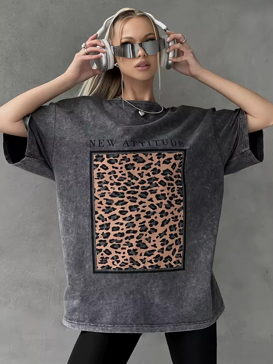 Cotton Washed T-shirt for Women New Attitude Fashion Leopard Prints Tops Loose O-Neck Oversized Short Sleeve Y2k Female Clothes