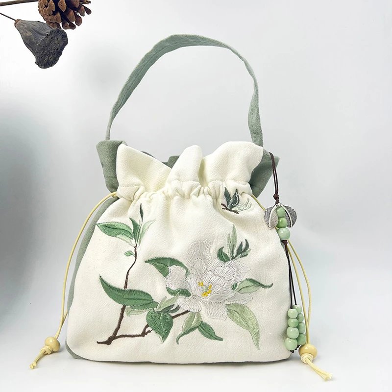 Chinese Style Retro Flower Embroidery Crossbody Top-handle Bags Women Shoulder Lace Drawstring Bucket Bag Coin Purses Handbags