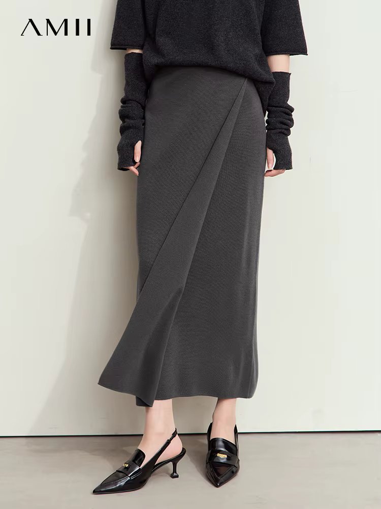 AMII Minimalist Elegant Basics Knitted Skirts for Women 2024 Winter New Elastic Waist Straight Lady Commuter Long Skirt 12443250