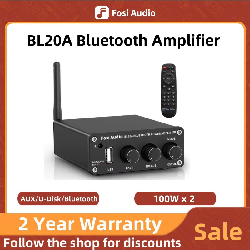Fosi Audio BL20A Bluetooth TPA3116 Sound Power Amplifier 2.1CH 100W Mini HiFi Class D Amp Bass Treble With U-Disk Remote Control