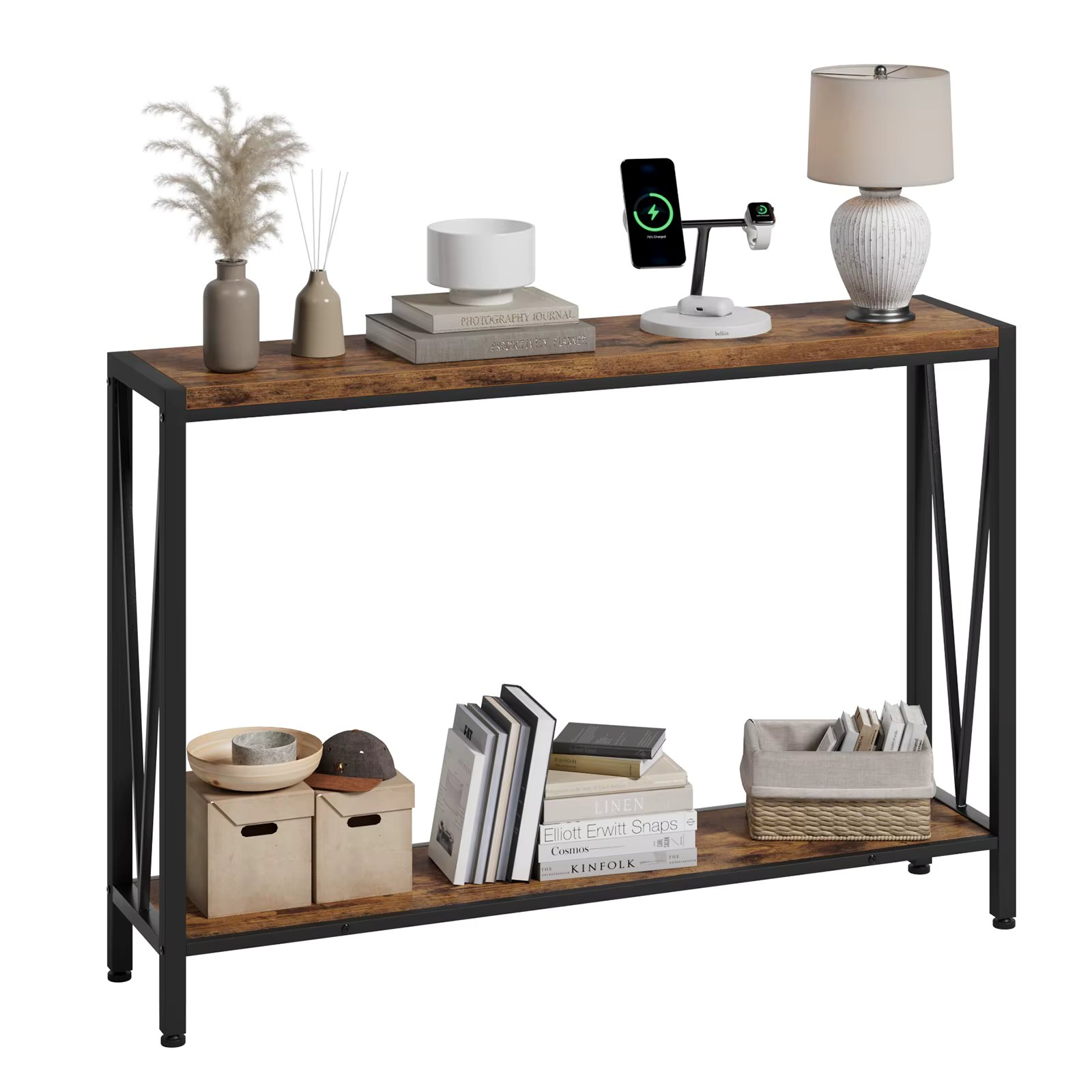 2-Tier Industrial Console Table Entryway Table Skinny Sofa Table with Shelf for Entryway Living Room Hallway Foyer Corridor