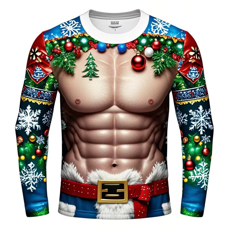 All Over Print Merry Christmas Long Sleeve T Shirt Mens Funny Muscle Graphic Large Size Tee Shirt Streetwear Christmas Gifts Man