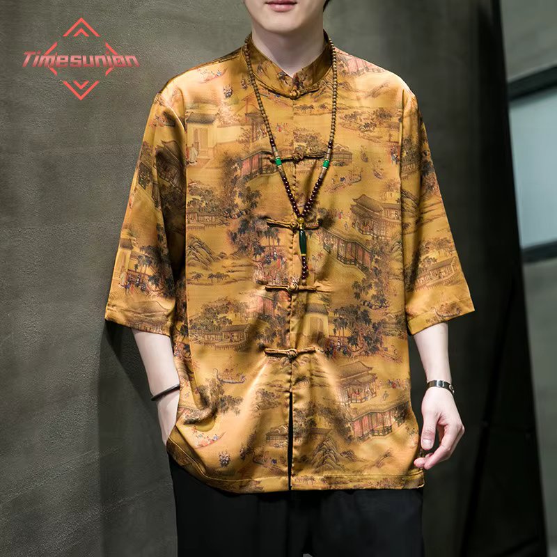 Summer Ice Silk Men's Landscape Print Kung Fu Shirt Tops Plus Size Men's Half-sleeve Shirt Elegant Tang Disc Buckle Shirt