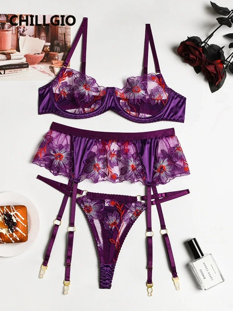 CHILLGIO Women Embroidery Floral Lace Bra Brief Suits Fashion 3 Pieces Erotic Intimate Lingerie Push Up Underwire Underwear Sets