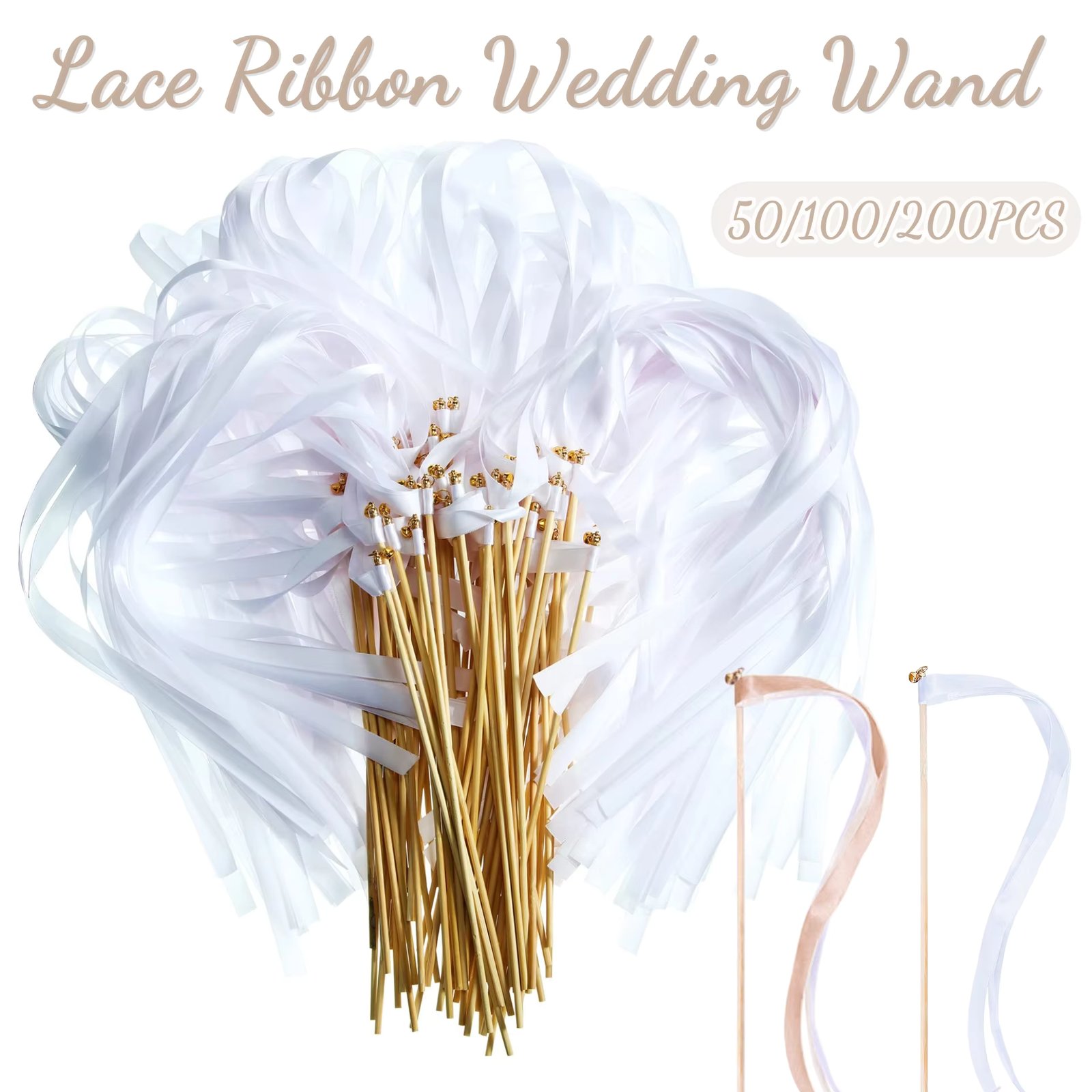 50-200PCS Ribbon Stick Wands with Bells Wedding Wand Streamer Silk Fairy Sticks For Bridal Shower Party Favor (Champagne, white)