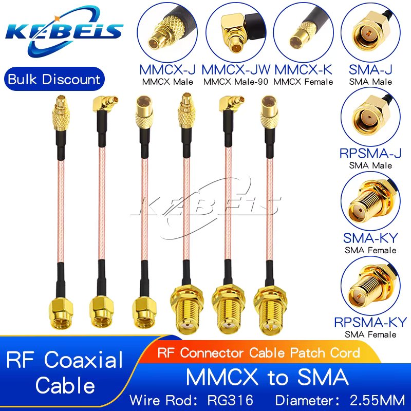 RG316 SMA to MMCX Cable RP-SMA Female Nut Jack To MMCX Male Plug Straight & Right Angle WiFI Antenna RF Coaxial Extension Jumper