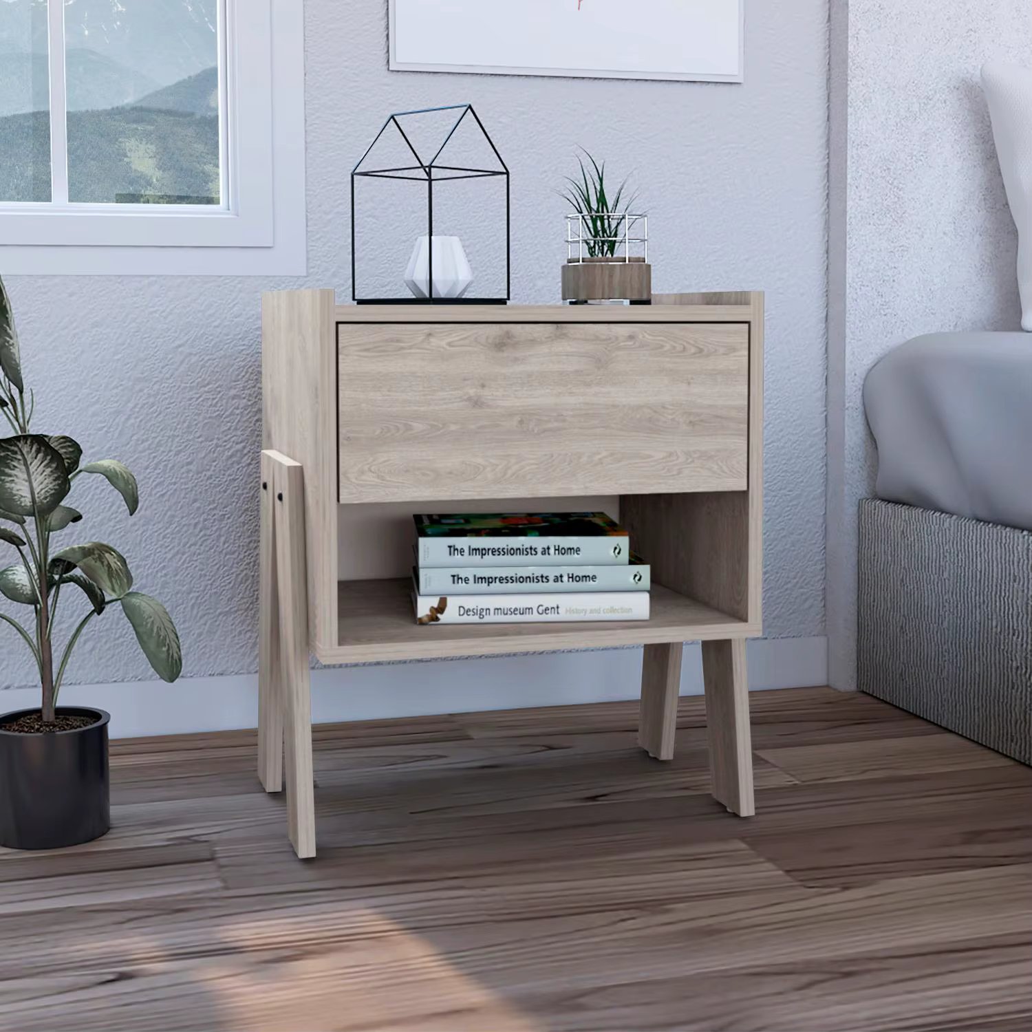 Joy Nightstand, Four Legs, One Open Shelf, One Drawer  Light Gray