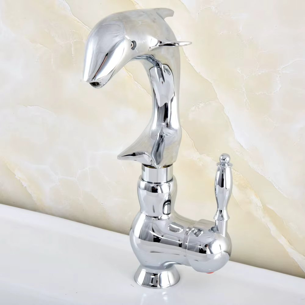 Polished Chrome Dolphin Shape Bathroom Basin Faucet Bath Faucets Vanity Vessel Sinks Mixer Tap Cold And Hot Water Tap Nsf853