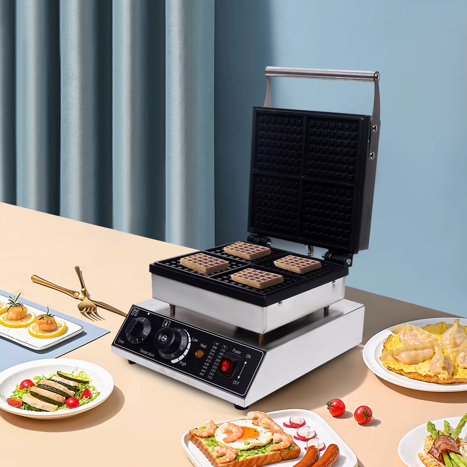 110V/220V Commercial Waffle Maker 4Pcs Nonstick 1750W Electric Waffle Machine