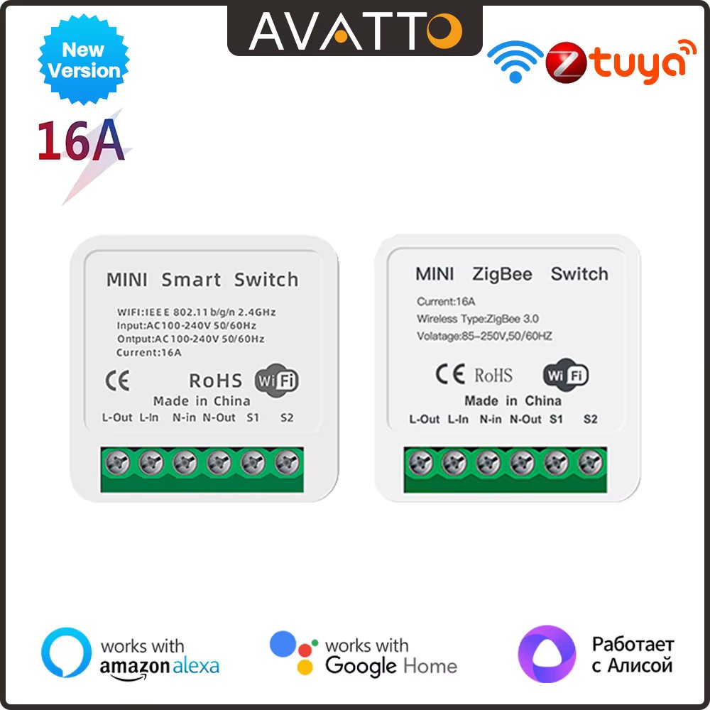 AVATTO Tuya WiFi/ZigBee Smart Mini DIY Switch 2 Way Control Automation Dimmable Relay Module Works With Alexa Google Home Alice