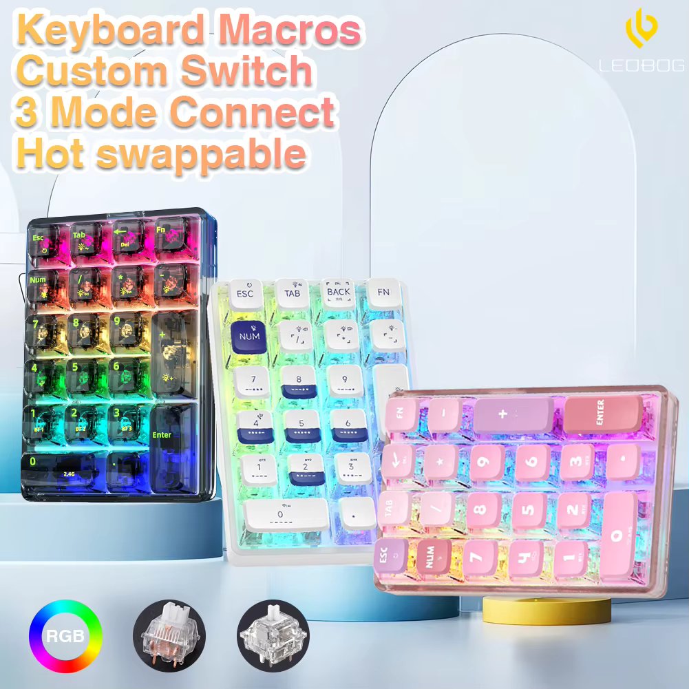 LEOBOG K21 Number Pad Bluetooth Mechanical Numeric Keyboard  RGB 21Keys Transparent Photoshop Accounting Numpad Gaming Keyboard