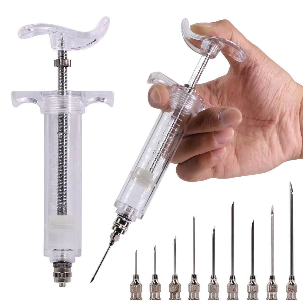 10/20/30/50/100ml Transparent Syringes Adjustable Dose with 10pcs 304 Stainless Steel Pinhead Needle Farm Livestock Dispensing