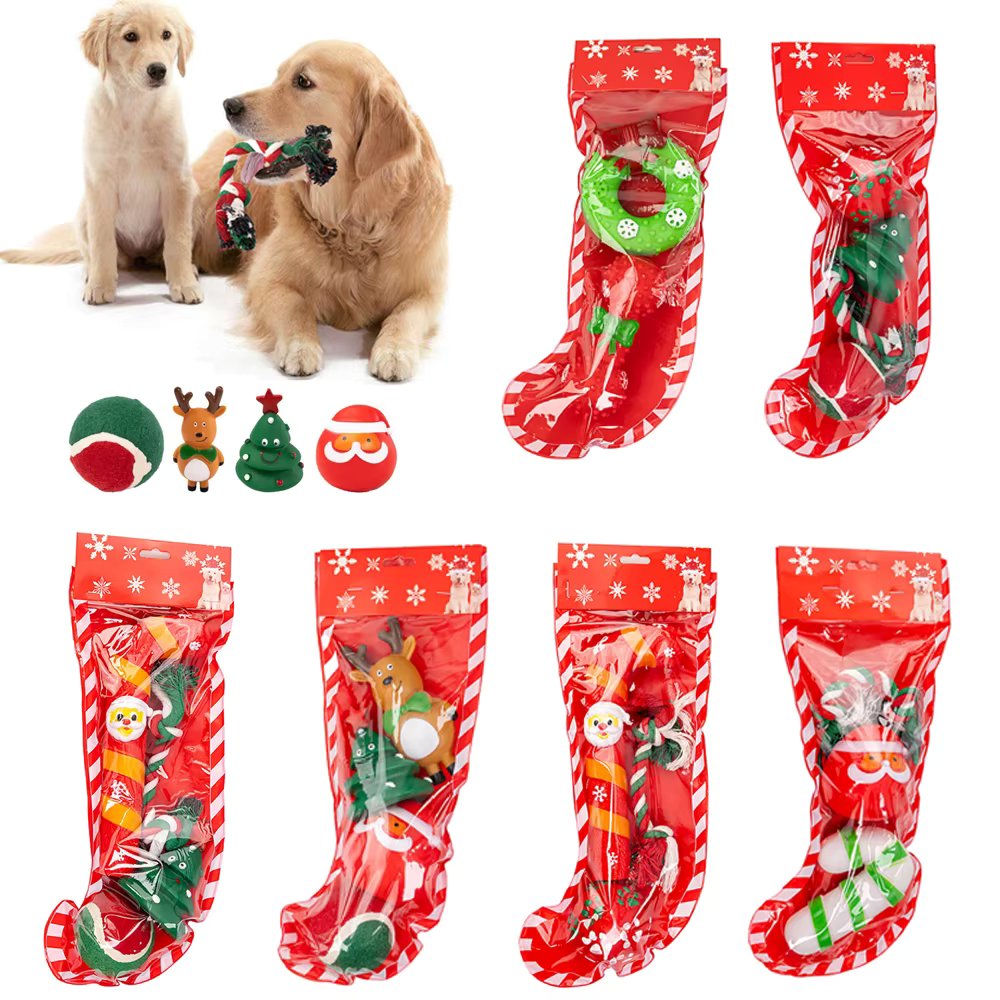 Christmas Pet Dog Toys Set Funny Latex Dog Chew Toy Squeaky Interactive Dog Toys for Puppy Small Medium Dogs Xmas Socks Toy Set