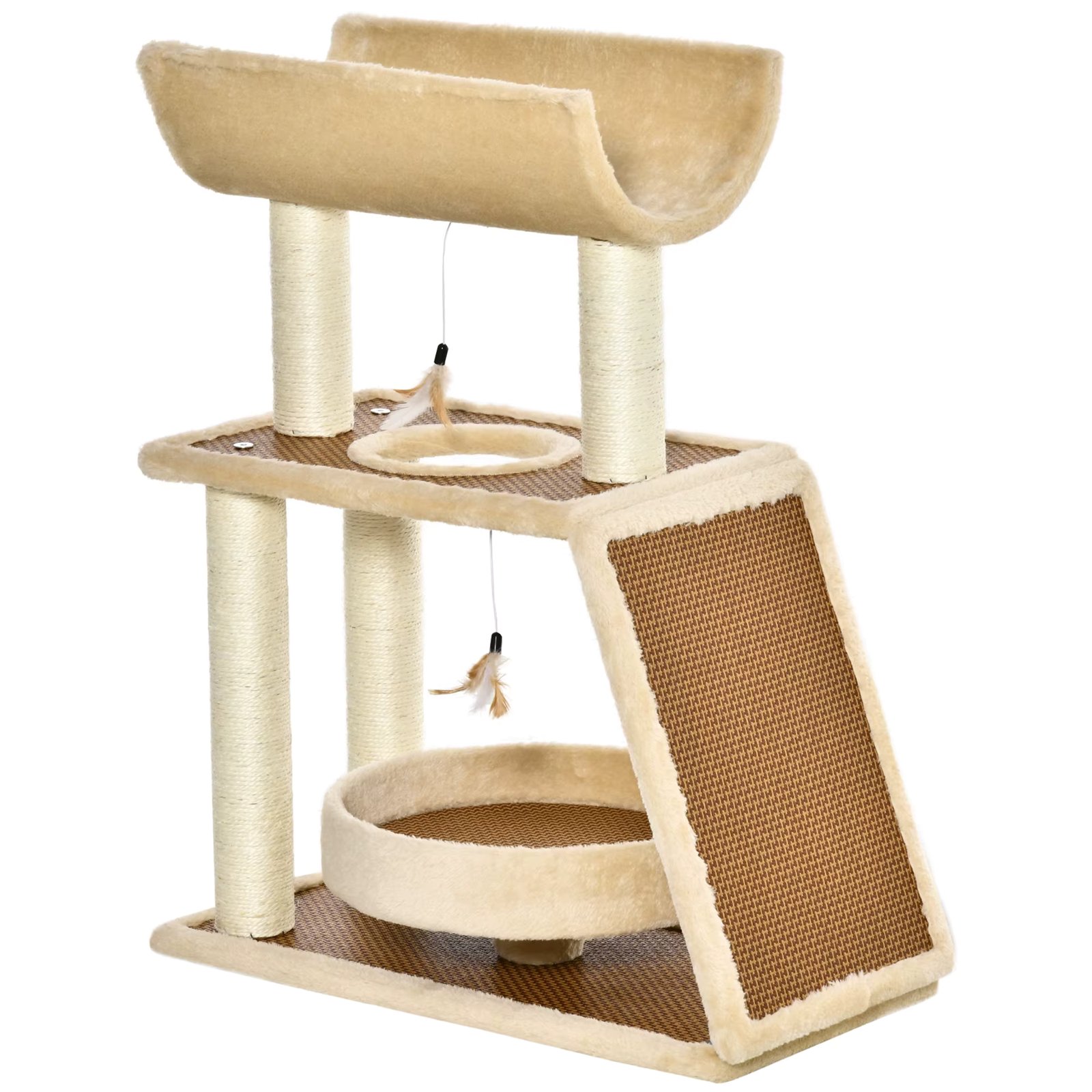 PawHut cat scratcher tree 60x30x76 cm with linen bed posts Natural Sisal scrapers platform tunnel type ramp and hanging toys Beige and brown