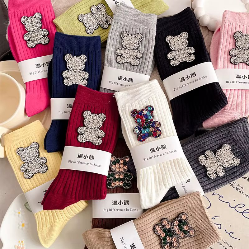 Diamond Cartoon Bear Decorative Socks, Fashionable Diamond Sparkling Women's Socks, Comfortable And Breathable Christmas Socks
