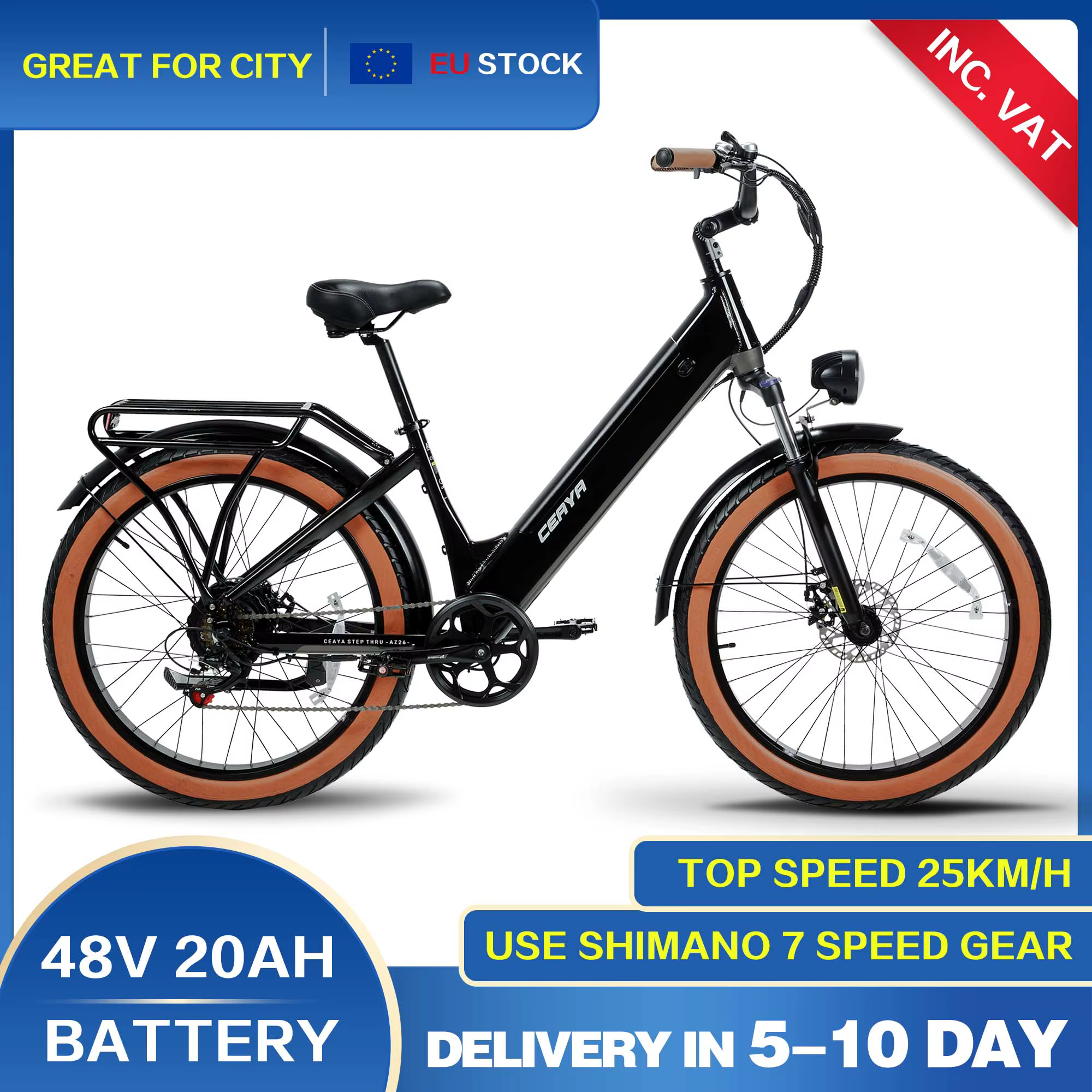 2024 CEAYA AZ26 48V20AH 26*3.0 INCH ELECTRIC BIKE FAT TYRE 750W 40Km/h Removable Battery 7 Speed E-bike Electric City Bike