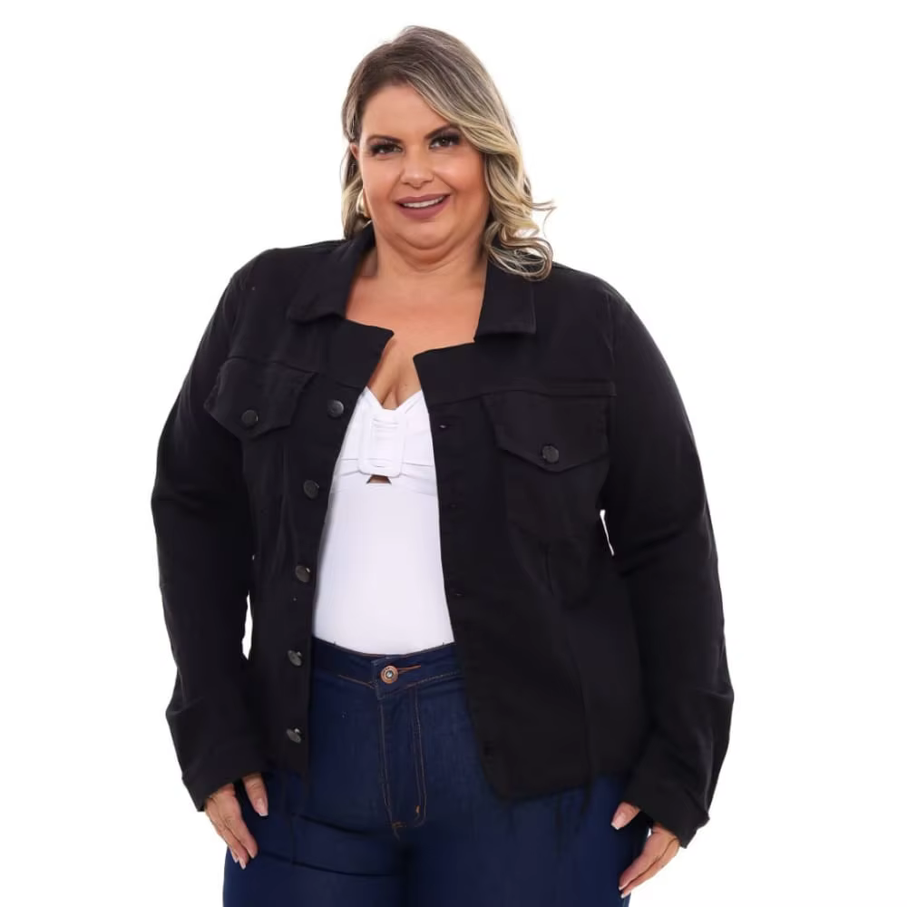 Jaqueta Jeans Feminina Plus Size Preto Black Premium Casual