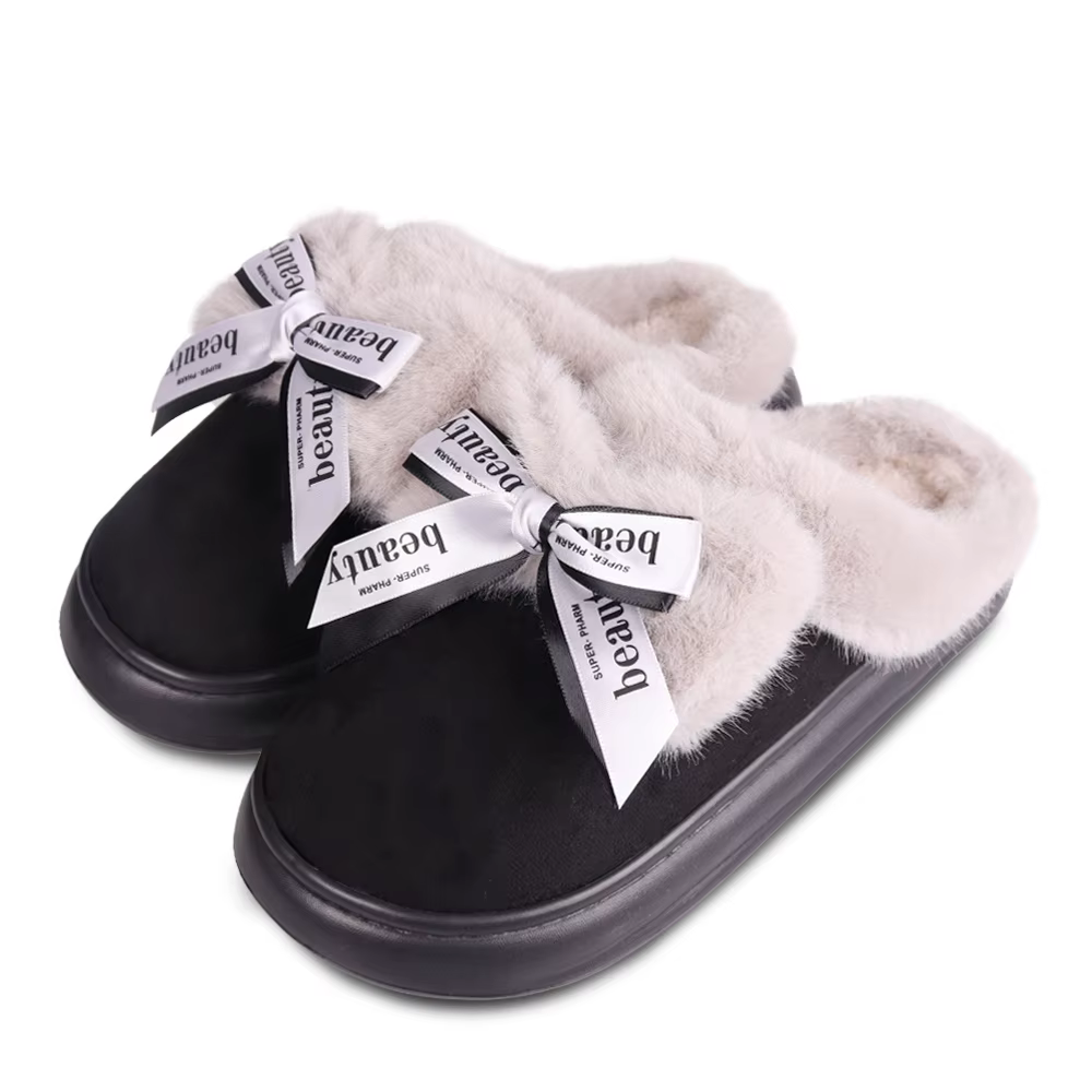 Women's Ribbon Korean-haired Slippers Fluffy Shinto and Cushion Indoor