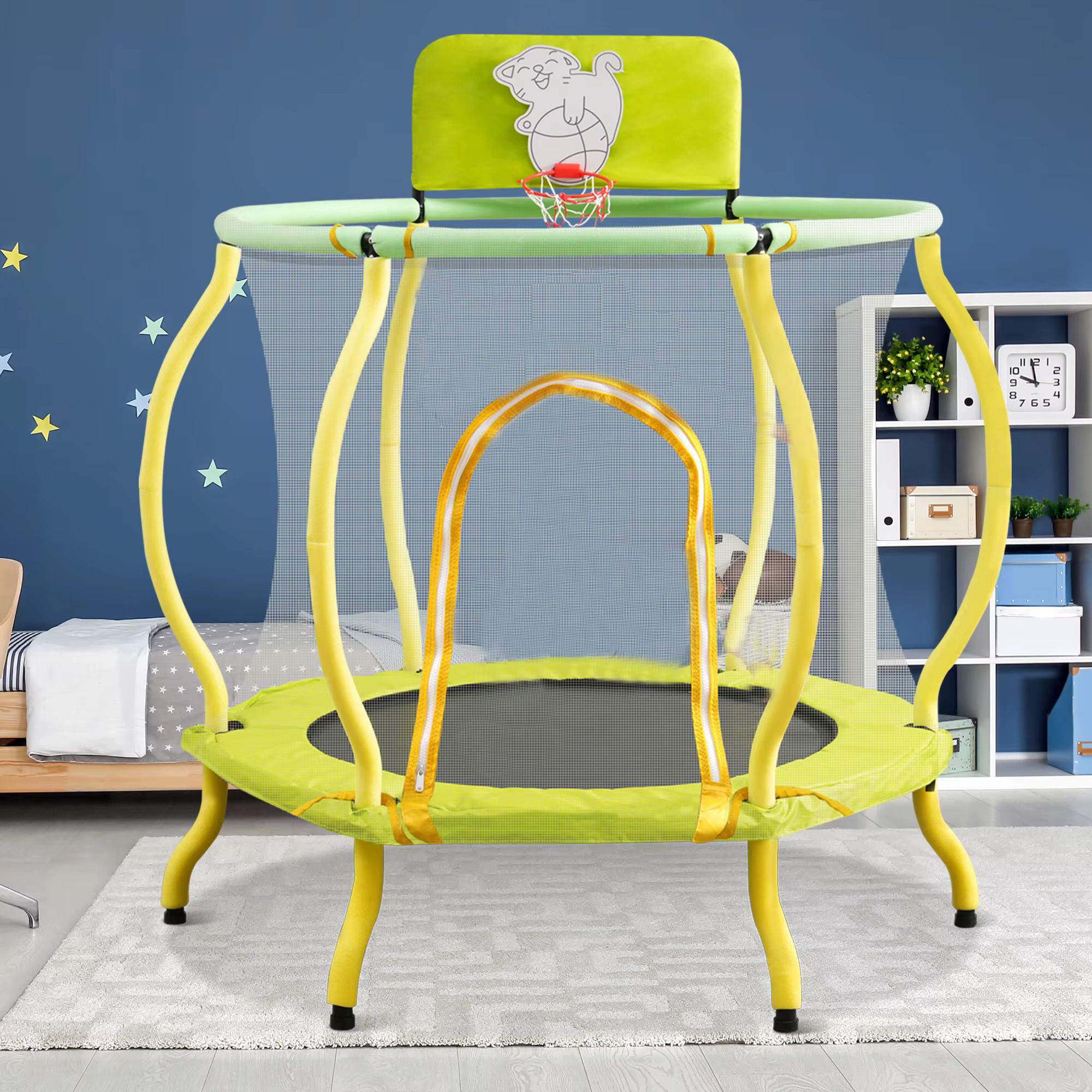 48" Indoor Toddler Trampoline Enclosure, Basketball Hoop and Ball Included, Arc Designed Full Surrounded for Extra Protection